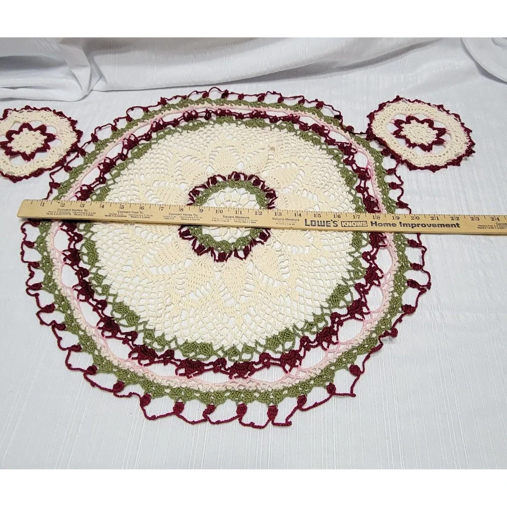 Doily Set 3pc Cream Burgundy Green Pink Floral Round Vintage Handmade Crochet